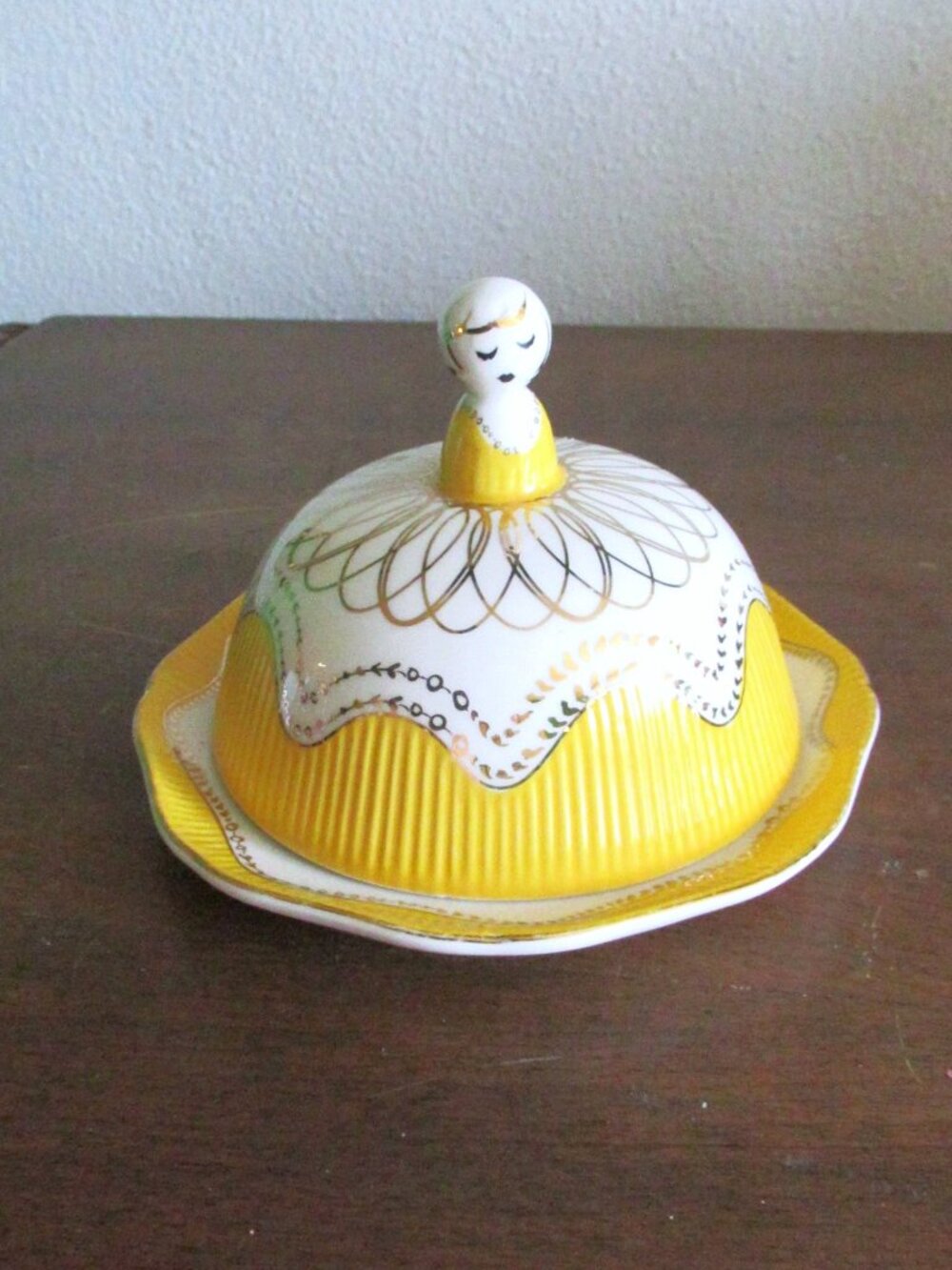 Anthropologie Covered Butter Dish Milkmaid Lady Yellow White Gold Ceramic
